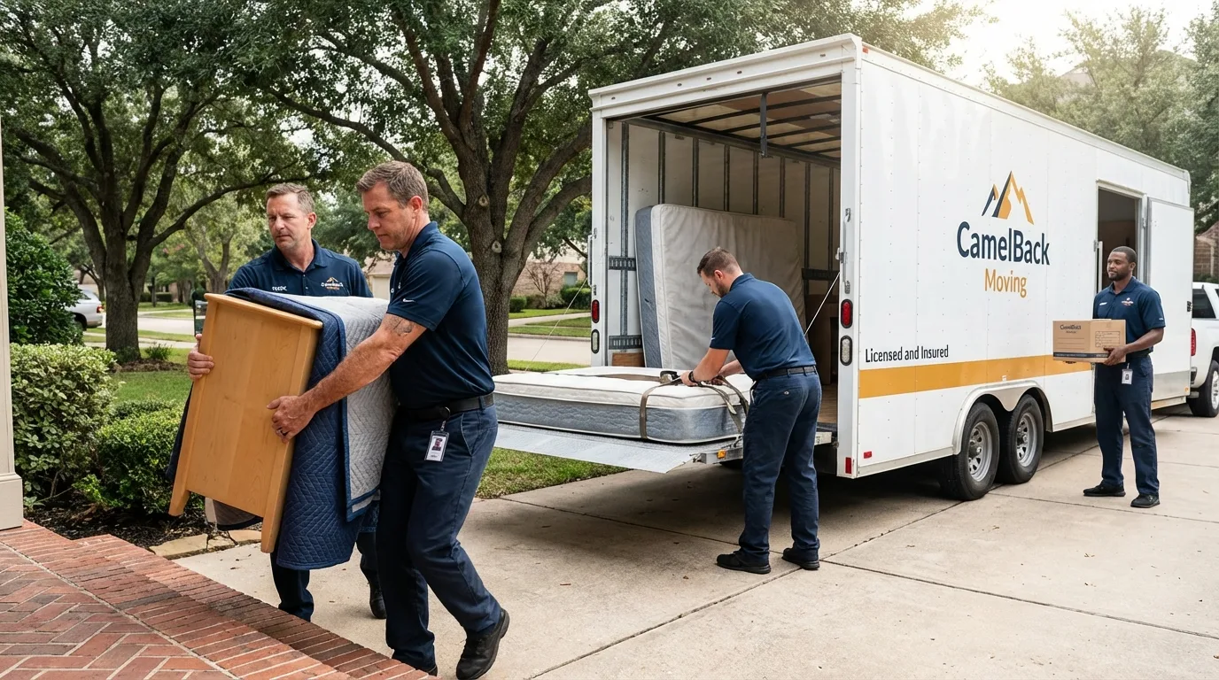Crew loading residential truck for cross-state move from Warner, OK