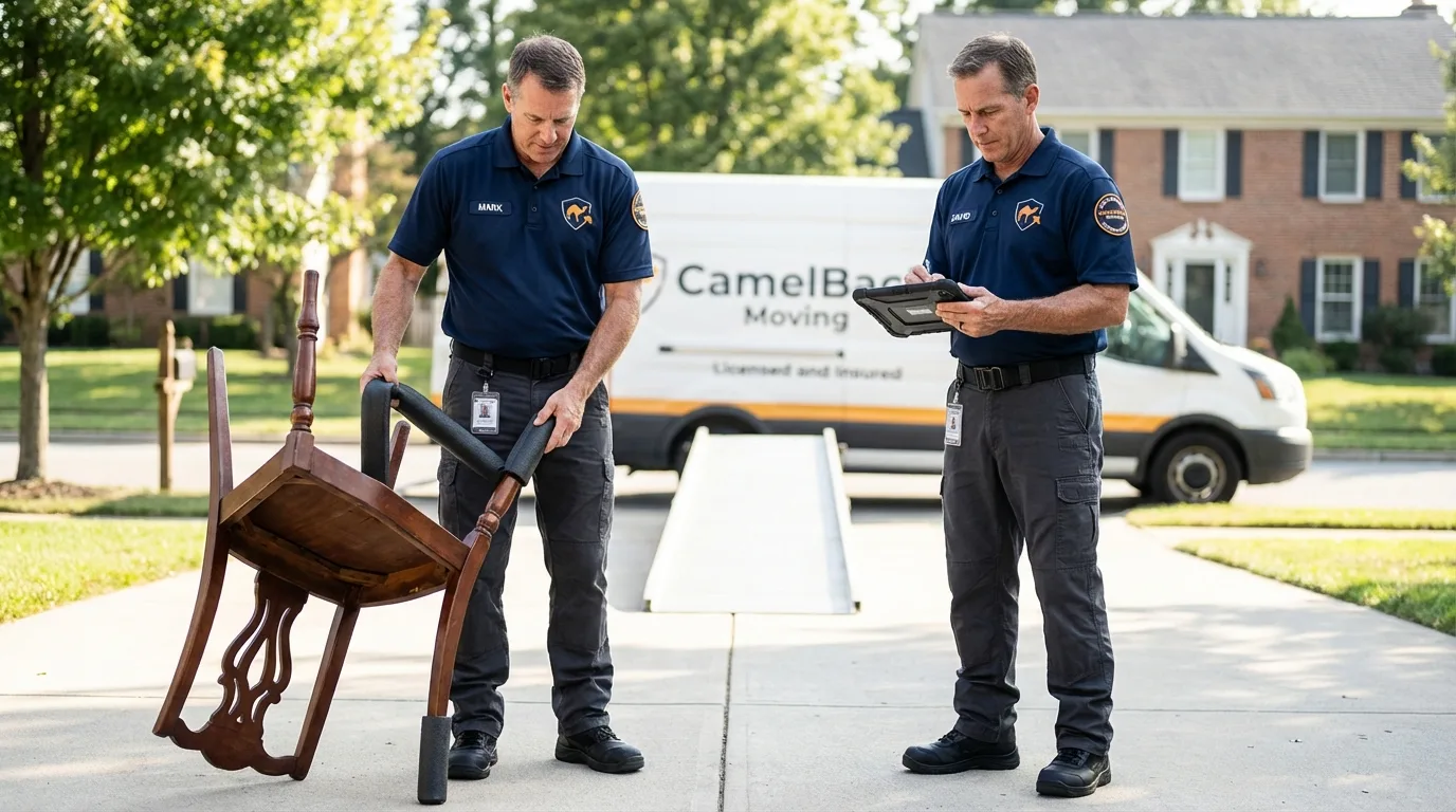 Movers inspecting furniture for damage prevention before loading in Warner, OK