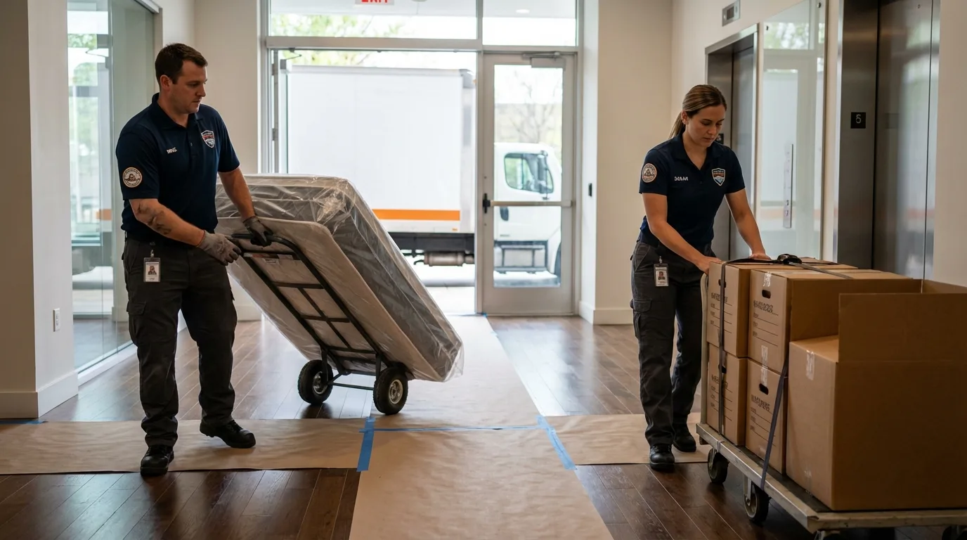 Professional apartment movers loading elevator in Warner, OK