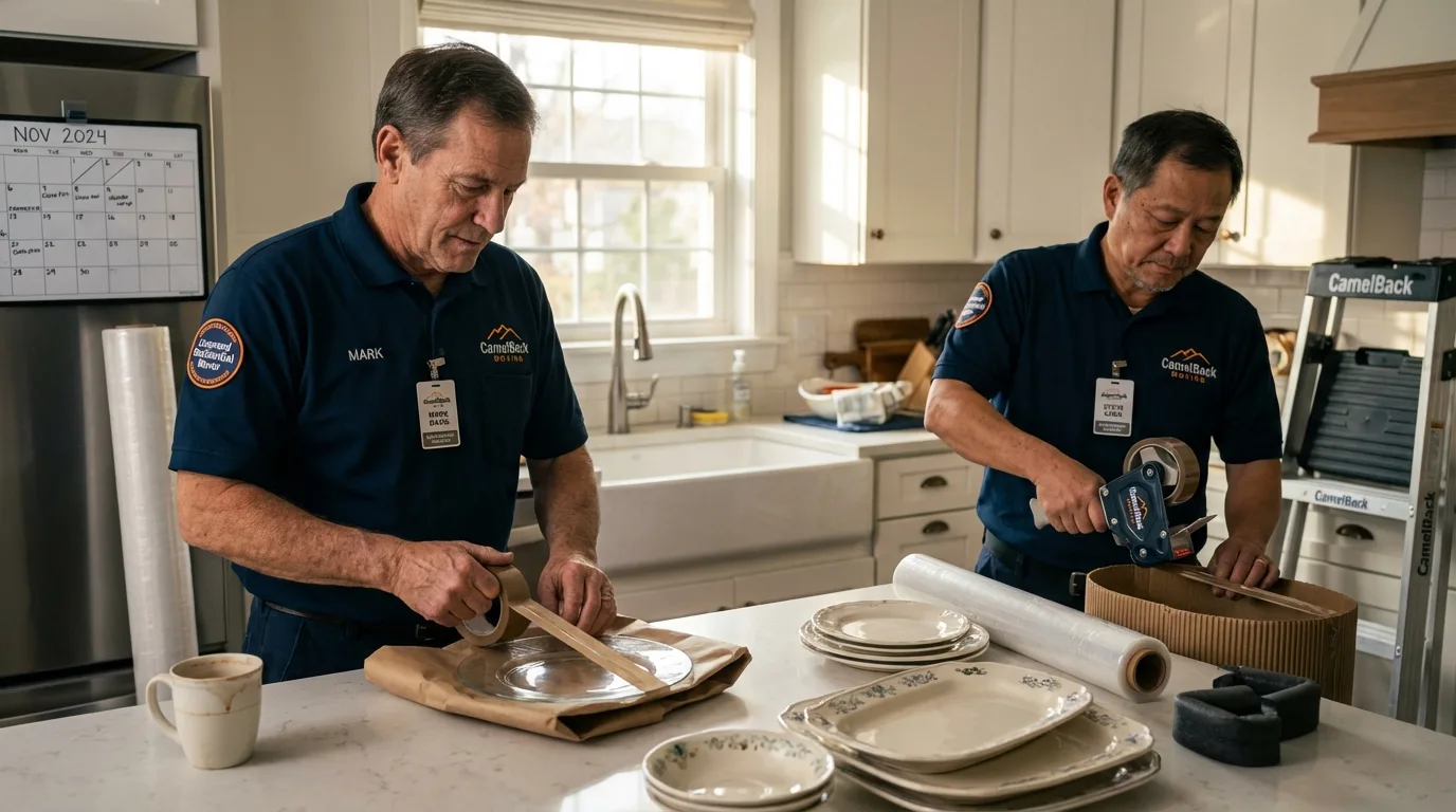 Professional crew packing kitchen dishware in Warner, OK